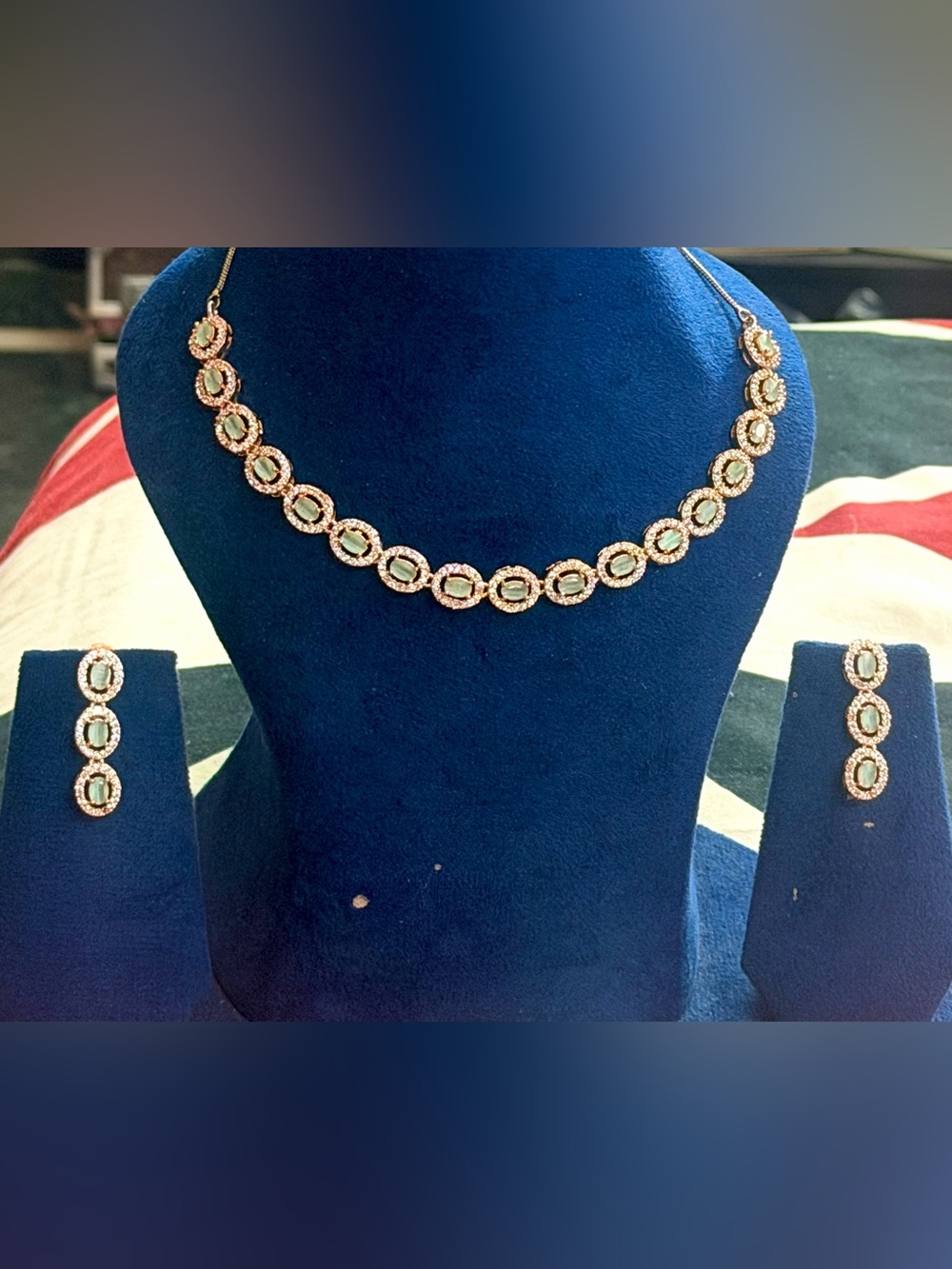 Delicate Gold Necklace and Earring Set with Light Green Stones - Women Jewelry